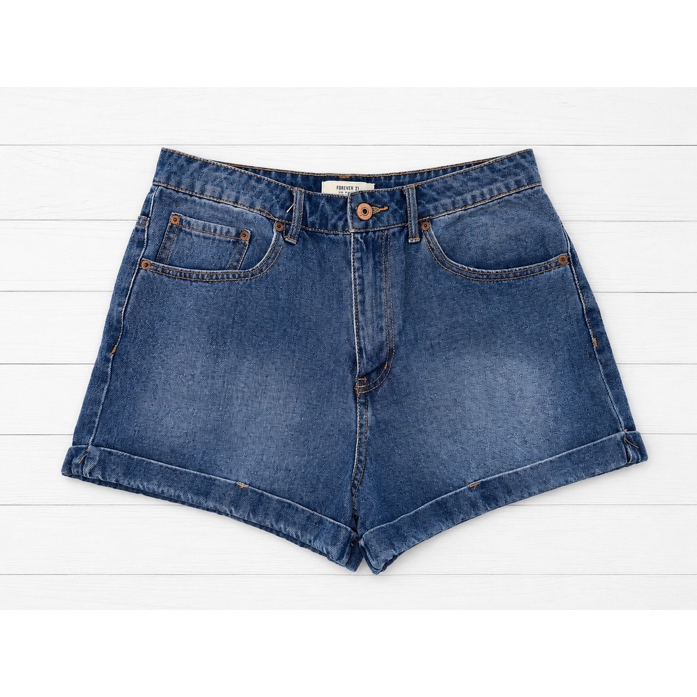 Forever 21 High Rise Shorts Cuffed Hem Denim Medium Wash Casual Size 30 4357